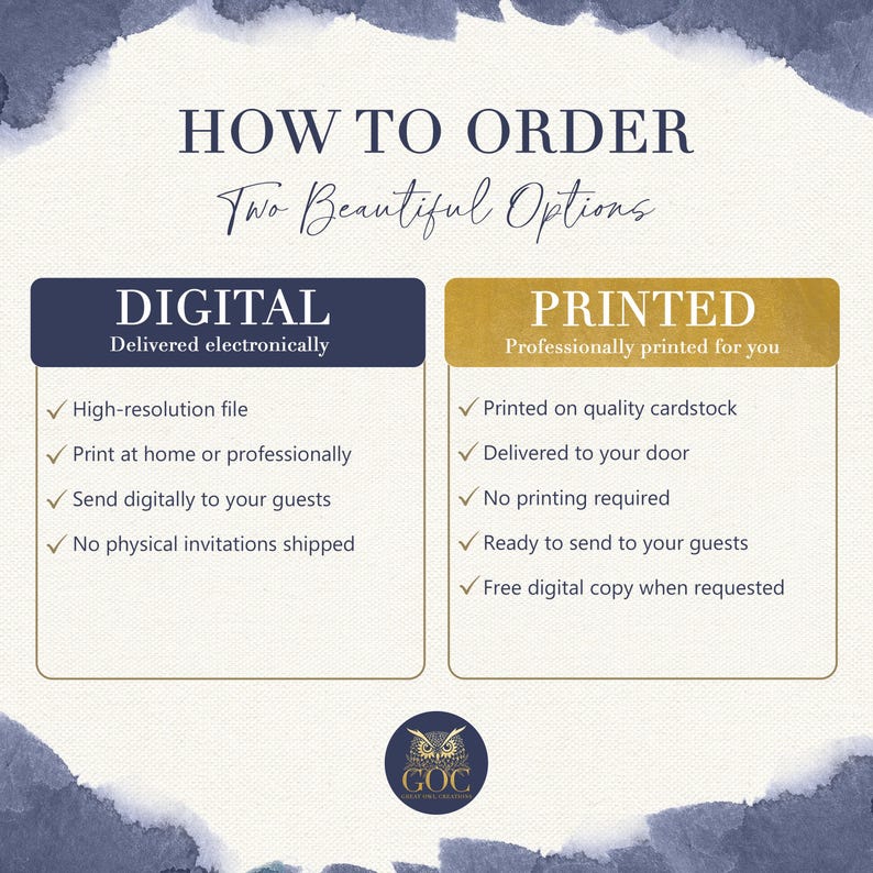 The image is a comparison between digital and printed options for ordering, highlighting the differences in their delivery and printing processes.