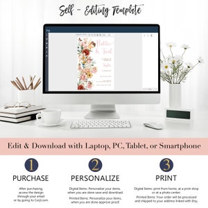 May include: A computer screen displaying a printable invitation template for a girl's birthday party. The invitation features a floral design with butterflies and the text "Flutter & Twirl". The text "Edit & Download with Laptop, PC, Tablet, or Smartphone" is displayed below the computer screen. The steps to purchase, personalize, and print the invitation are listed below the text.