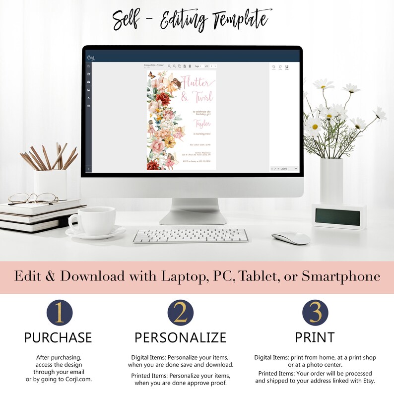 May include: A computer screen displaying a printable invitation template for a girl's birthday party. The invitation features a floral design with butterflies and the text "Flutter & Twirl". The text "Edit & Download with Laptop, PC, Tablet, or Smartphone" is displayed below the computer screen. The steps to purchase, personalize, and print the invitation are listed below the text.