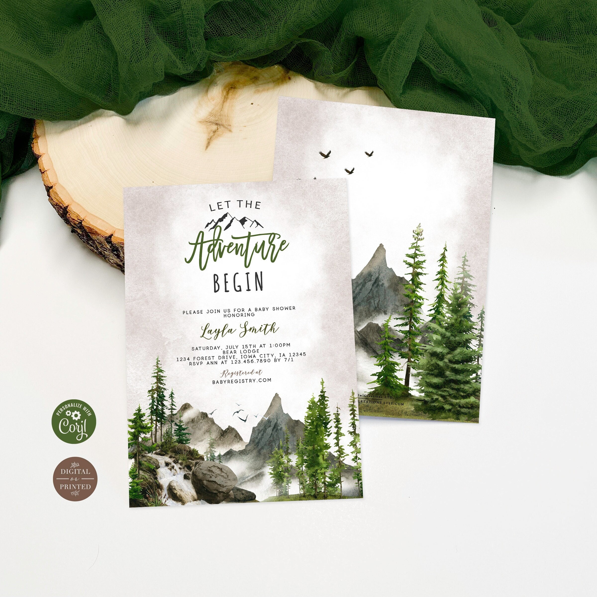 Let the Adventure Begin Baby Shower Invitation, Woodland Forest Mountain Baby Shower Invite, Editable Digital or Printed, BA-61423