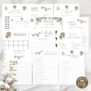 May include: A collection of printable baby shower games with a neutral color palette. The games include trivia, bingo, and pictionary, with decorative elements like baby clothes and winter hats. The text includes "Guess Who," "Baby Trivia," and "Who is my baby?"