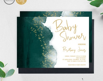 Modern Gold Dust Emerald Baby Shower Invitation, Green Watercolor Invite, Printed or Digital