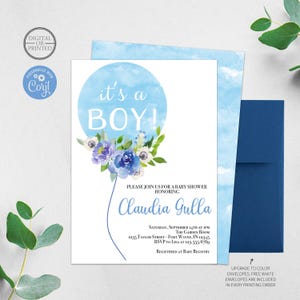 It's a Boy Baby Shower Invitation | Floral Balloon Baby Shower Invitation | Watercolor Floral Baby Shower | Digital | Printed image 1