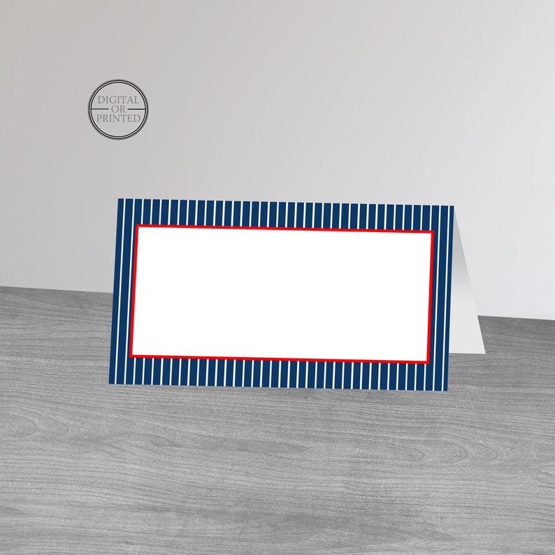 May include: A blue and white striped place card with a red border. The card is blank and ready to be personalized with a name.