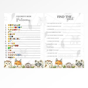 May include: A printable game for a baby shower with a woodland theme. The game is called "Find the Guest" and has 12 questions about the guests. The questions include: "Had a baby within the last year", "Born in the same month as you", "Is wearing red", "Has been married for 10+ years", "The youngest person at the shower", "Speaks a second language", "Is wearing pink nail polish", "Wears contact lenses", "Is left handed", "Is the baby of the family", "Has more than 2 pets", and "Has more than 2 kids".