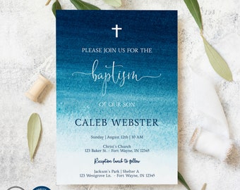 Puede incluir: Una invitación de bautismo de acuarela azul con una cruz blanca en la parte superior. El texto dice "Por favor, únase a nosotros para el bautismo de nuestro hijo Caleb Webster". La invitación incluye la fecha, la hora y el lugar del bautismo y la recepción.