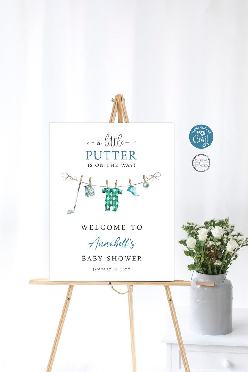 Golf Baby Shower Welcome Sign, Little Putter is on the Way, Instant Editable Digital or Printed, BA-62823 image 1