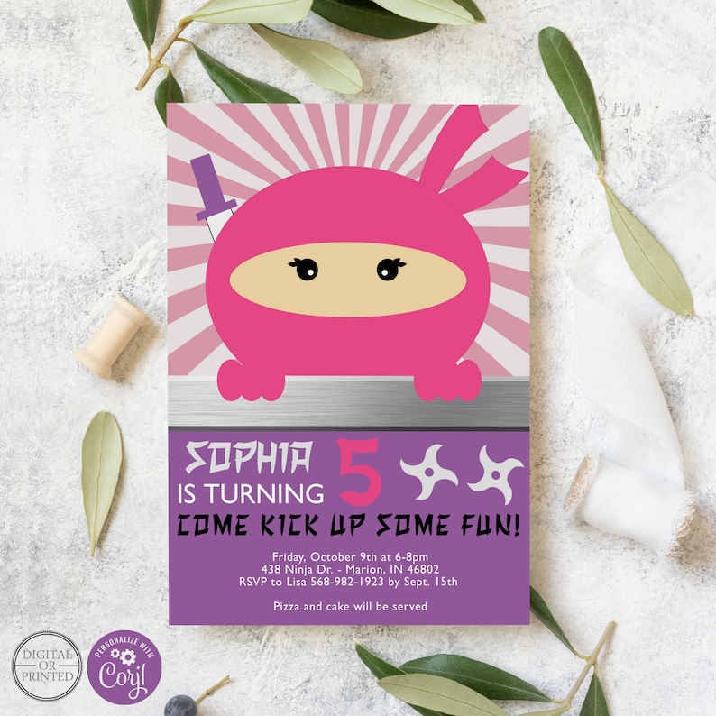 Girl Ninja Birthday Invitations Ninja Party Invitations Etsy