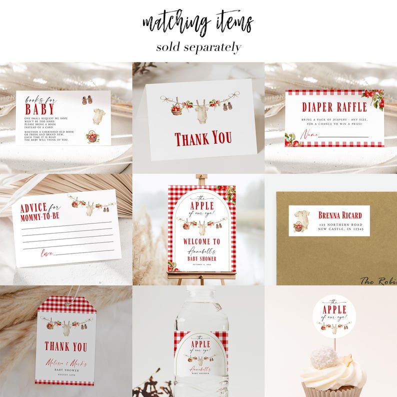 Op de afbeelding: Een verzameling baby shower briefpapier met een rood en wit geruit thema. Bevat kaarten met teksten als "Bedankt", "Luier verloting" en "Advies voor mama-to-be", samen met decoratieve elementen.