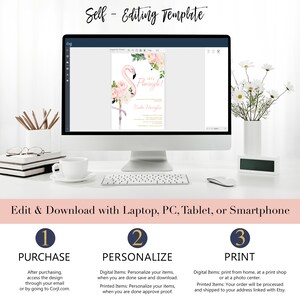 May include: A computer screen displaying a pink flamingo with floral accents on a printable invitation template. The text on the invitation reads "Let's Flamingle!" and includes the name "Kirke Hurugter". The image shows a three-step process for purchasing, personalising, and printing the invitation.