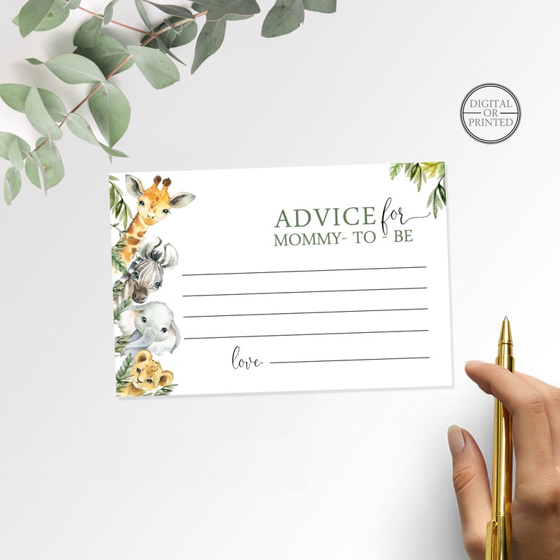 May include: Advice for Mommy-to-Be card with a green leafy border and a line of adorable jungle animals peeking out from behind the leaves. The animals include a giraffe, zebra, elephant, and lion.