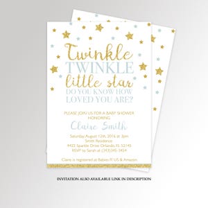 K&ouml;nnte beinhalten: Eine Babyparty-Einladung mit einem goldenen Glitzer-Design und blauen Sternen. Die Einladung lautet "Twinkle Twinkle little star Do you know how loved you are?" und enth&auml;lt den Namen Claire Smith, das Datum und die Uhrzeit der Party sowie die Adresse.