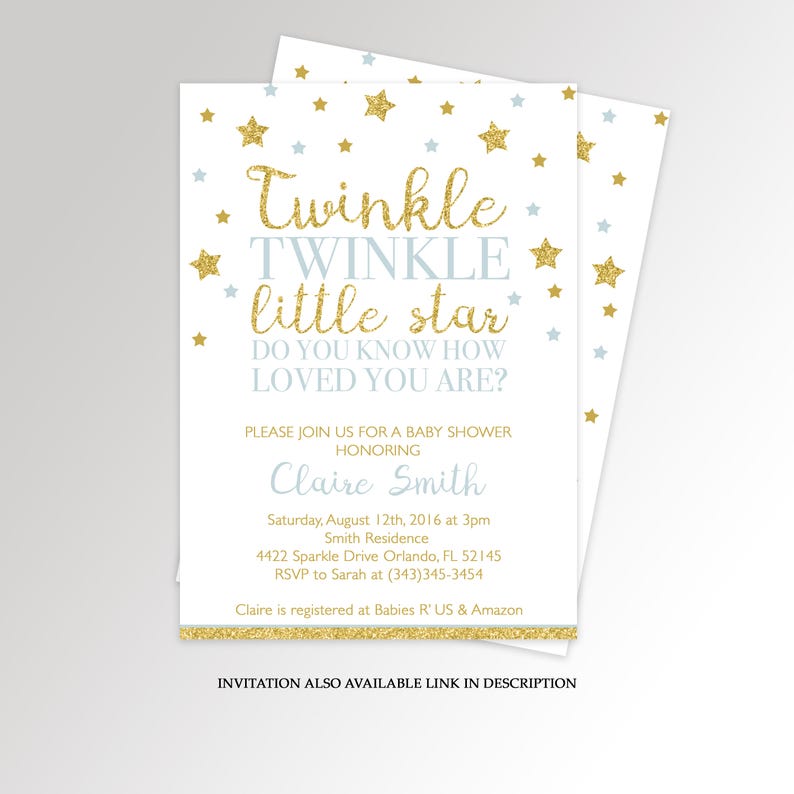 K&ouml;nnte beinhalten: Eine Babyparty-Einladung mit einem goldenen Glitzer-Design und blauen Sternen. Die Einladung lautet "Twinkle Twinkle little star Do you know how loved you are?" und enth&auml;lt den Namen Claire Smith, das Datum und die Uhrzeit der Party sowie die Adresse.