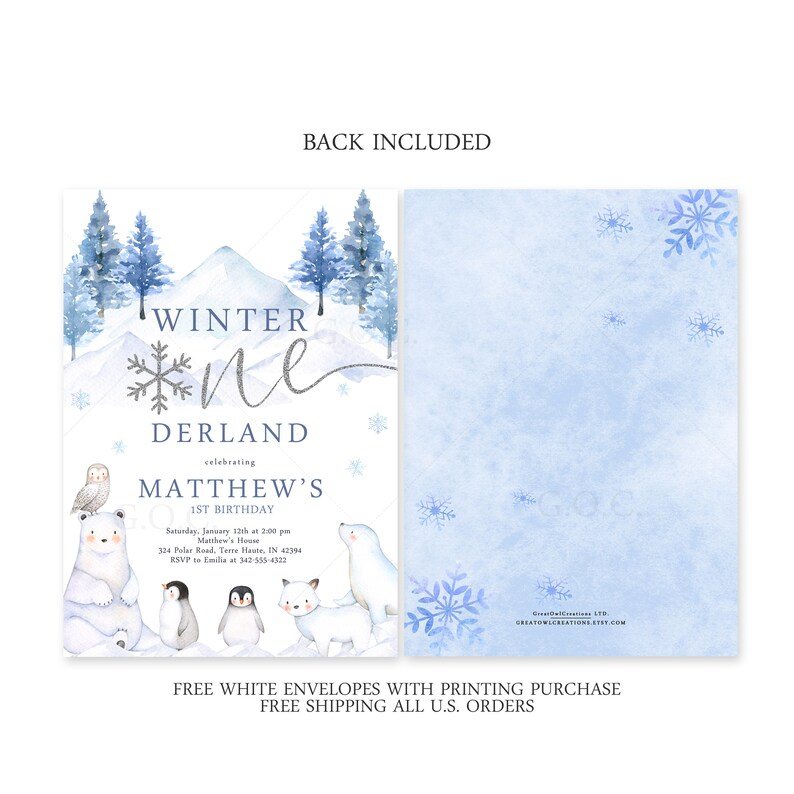 May include: A first birthday invitation with a winter wonderland theme. The invitation is blue and white and features a snowy mountain scene with a polar bear, penguins, and a fox. The text on the invitation reads "Winter One Derland celebrating Matthew's 1st Birthday".