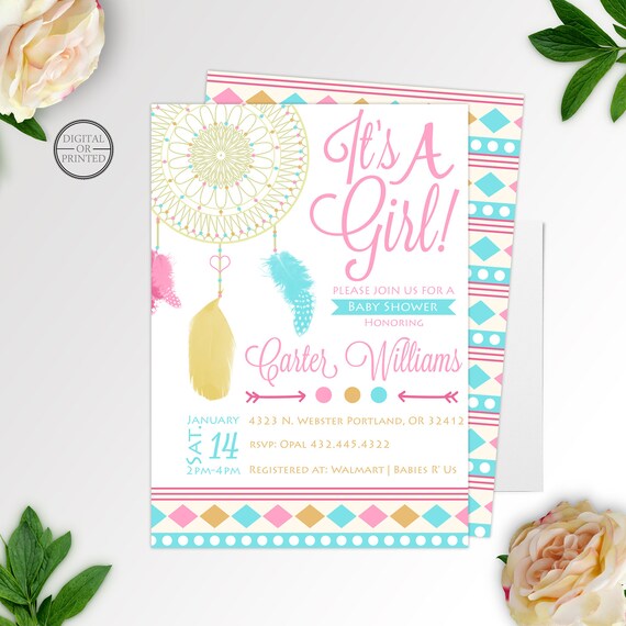 Boho Girl Baby Shower Invitation | Boho Tribal Baby Shower Invitation | Tribal Baby Shower Invitation | Dream Catcher Baby Shower Invitation Il_570xn