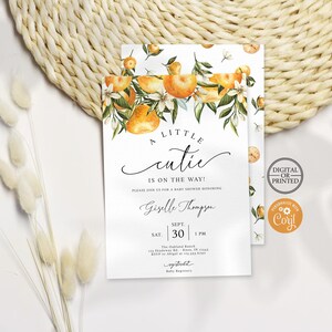 A Little Cutie Baby Shower Invitation | Orange Citrus Greenery Baby Shower Invite | Editable Template Digital or Printed Invite image 1