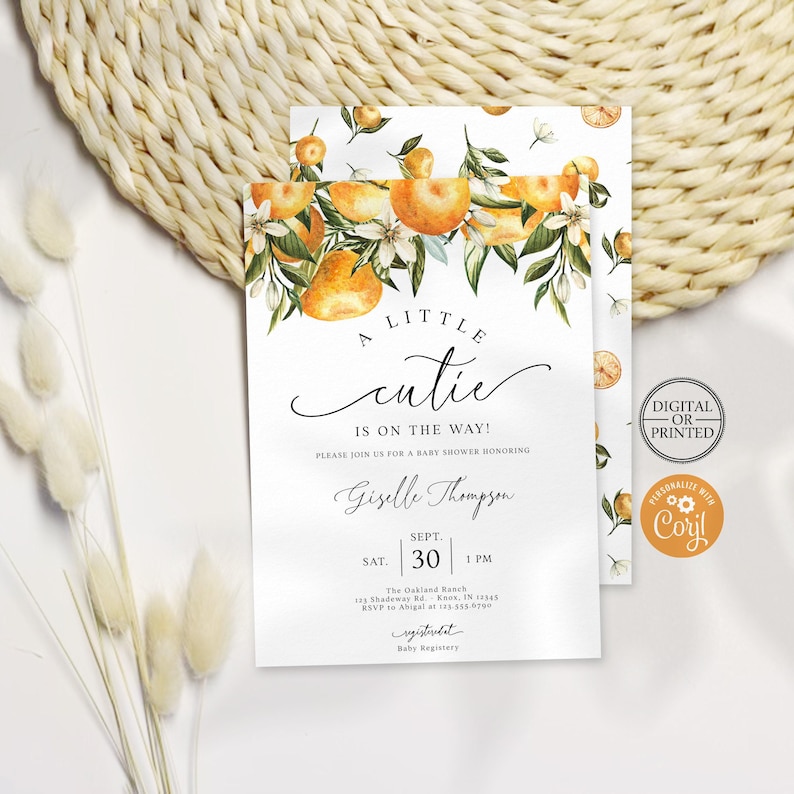 A Little Cutie Baby Shower Invitation | Orange Citrus Greenery Baby Shower Invite | Editable Template Digital or Printed Invite image 1
