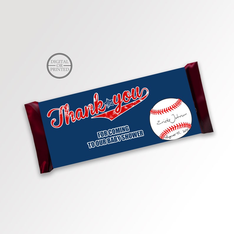 May include: Blue and red baseball-themed thank you favor tag with the text "Thank you" and "For coming to our baby shower". The tag also features a baseball with the name "Ericke Johnson" and the date "August 15, 2017".