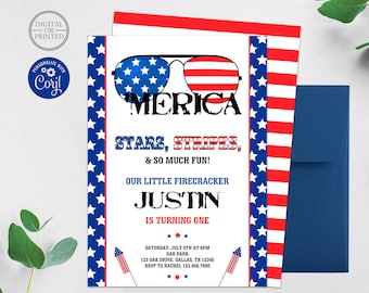 May include: A red, white, and blue invitation for a first birthday party. The invitation features a pair of sunglasses with an American flag design and the text "MERICA STARS, STRIPES, & SO MUCH FUN! OUR LITTLE FIRECRACKER JUSTIN IS TURNING ONE". The invitation also includes the date, time, and location of the party.