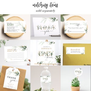 May include: A set of printable baby shower decorations with a green and gold color scheme. The set includes a welcome sign, thank you cards, advice cards, a diaper raffle card, a water bottle label, and a cupcake topper. The text on the welcome sign reads "Welcome to Sophia's Baby Shower".