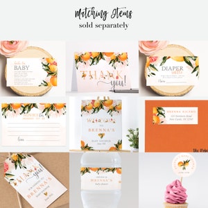 May include: A set of printable baby shower decorations featuring a citrus theme. The set includes a welcome sign, thank you card, advice for mommy-to-be card, diaper raffle card, a water bottle label, a cupcake topper, and a favor tag. The design features a watercolor illustration of oranges, lemons, and flowers.