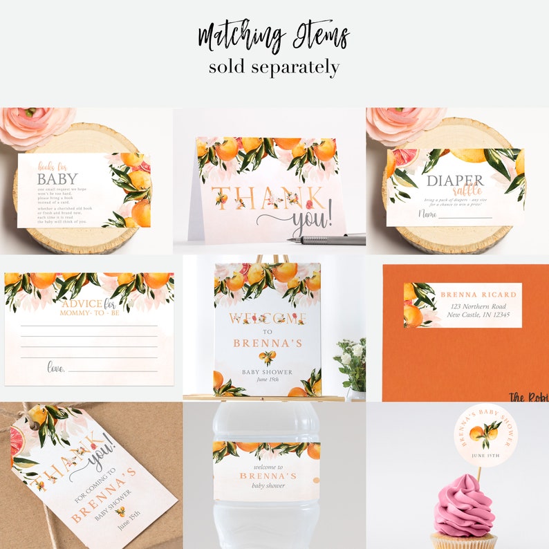 May include: A set of printable baby shower decorations featuring a citrus theme. The set includes a welcome sign, thank you card, advice for mommy-to-be card, diaper raffle card, a water bottle label, a cupcake topper, and a favor tag. The design features a watercolor illustration of oranges, lemons, and flowers.