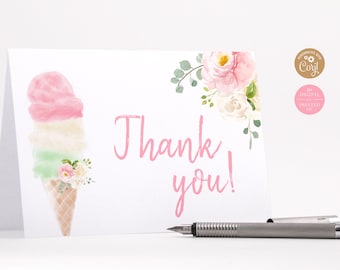 Ice Cream Folded Thank You Cards | Ice Cream Bridal Shower Thank You Card | Editable Instant Digital or Printed | BR-22420