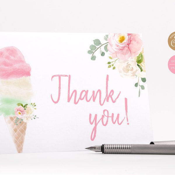 Ice Cream Folded Thank You Cards | Ice Cream Bridal Shower Thank You Card | Editable Instant Digital or Printed | BR-22420