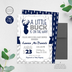 A Little Buck is on the Way Deer Baby Shower Invitation, Deer Woodland Baby Shower Invite, Digital or Printed image 1