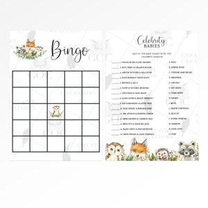 May include: A printable bingo card with a woodland theme. The card has a grid of squares with images of owls, foxes, and squirrels. The text "Bingo" is at the top of the card. The card is designed for a baby shower game.