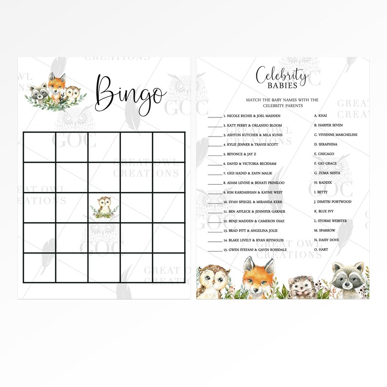 May include: A printable bingo card with a woodland theme. The card has a grid of squares with images of owls, foxes, and squirrels. The text "Bingo" is at the top of the card. The card is designed for a baby shower game.