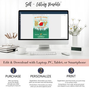 Puede incluir: Una pantalla de ordenador muestra una invitaci&oacute;n a un baby shower con tem&aacute;tica de pesca. La invitaci&oacute;n dice "We are reel excited!" y presenta un anzuelo y la palabra "BOY". Tambi&eacute;n es visible el texto "Edit & Download with Laptop, PC, Tablet, or Smartphone".