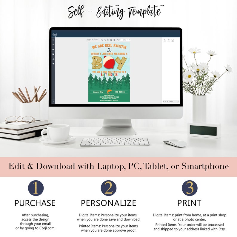 Puede incluir: Una pantalla de ordenador muestra una invitaci&oacute;n a un baby shower con tem&aacute;tica de pesca. La invitaci&oacute;n dice "We are reel excited!" y presenta un anzuelo y la palabra "BOY". Tambi&eacute;n es visible el texto "Edit & Download with Laptop, PC, Tablet, or Smartphone".