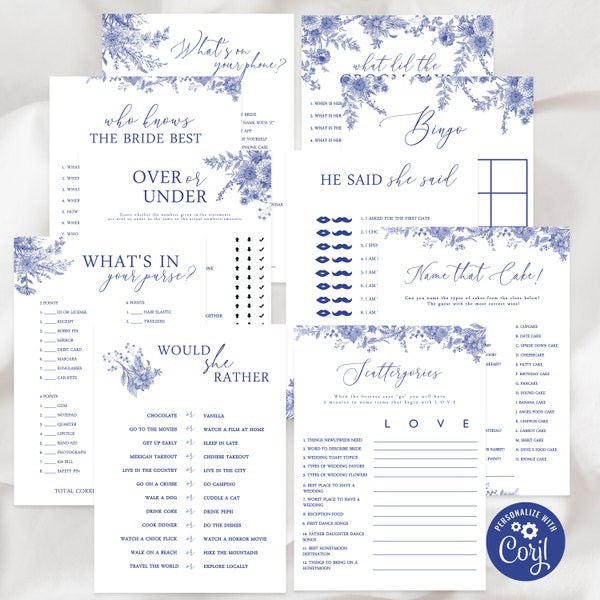 Blue Floral Bridal Shower Games Package, Something is Blue, Editable Instant Download, BR-31323