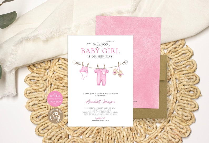 Girl Baby Shower Invitation, Boho Baby Clothesline, Instant Digital or Printed, BA-31023 image 1