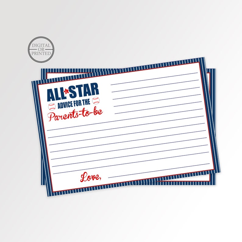 Puede incluir: Una tarjeta blanca con rayas azules y rojas. La tarjeta tiene el texto "ALL STAR ADVICE FOR THE Parents-to-be" con gr&aacute;ficos de b&eacute;isbol. La tarjeta tiene l&iacute;neas para escribir.