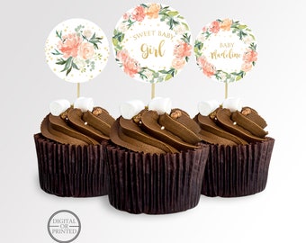 Peach Floral Baby Shower Cupcake Toppers, Party Decor, Printed or Instant Digital