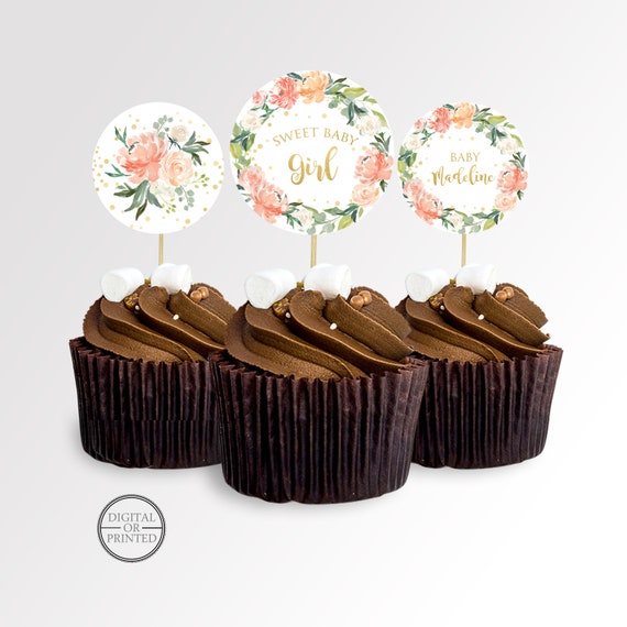 Gold Confetti & Peach Floral Baby Shower Cupcake Toppers | Party Decor Il_570xn