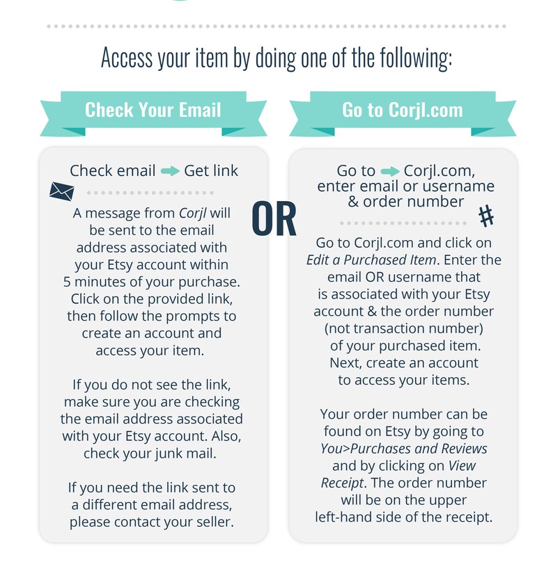 May include: White graphic with instructions on how to access a purchased item. The text includes "Check Your Email" and "Go to Corjl.com" with detailed steps. The image also includes the text "Access your item by doing one of the following:"