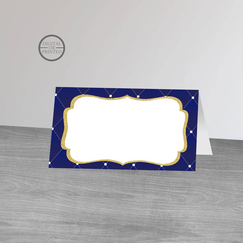 May include: Navy blue place card with a gold glitter frame and white polka dots. The frame has a blank space for writing a name.