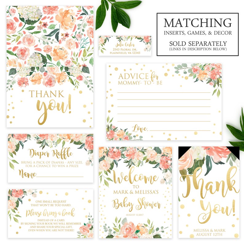 Floral Baby Shower Invitation | Sweet Baby Girl Baby Shower Invitation | Peach and Gold Baby Shower Invite | Digital or Printed image 4