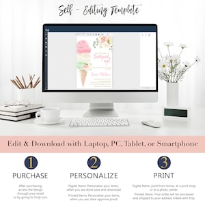 Puede incluir: Una pantalla de ordenador muestra una invitaci&oacute;n digital con un dise&ntilde;o de cono de helado. La invitaci&oacute;n presenta bolas de helado rosas, verdes y blancas con detalles florales y el texto "Scooped up!". La imagen tambi&eacute;n incluye instrucciones para editar y descargar la plantilla.