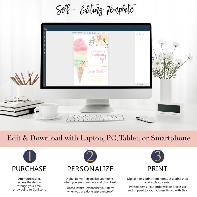 Puede incluir: Una pantalla de ordenador muestra una invitaci&oacute;n digital con un dise&ntilde;o de cono de helado. La invitaci&oacute;n presenta bolas de helado rosas, verdes y blancas con detalles florales y el texto "Scooped up!". La imagen tambi&eacute;n incluye instrucciones para editar y descargar la plantilla.