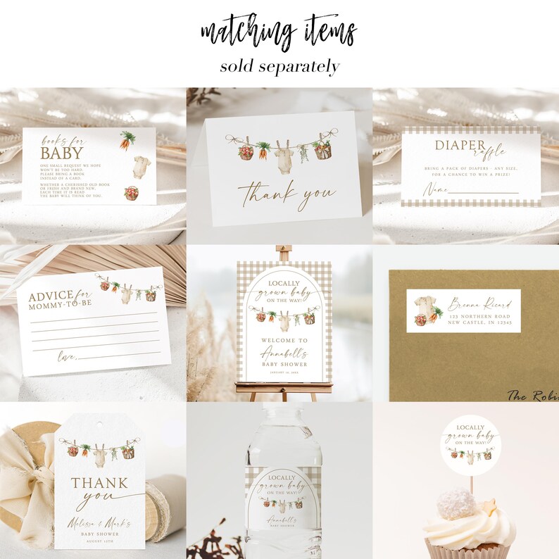 May include: A set of printable baby shower decorations featuring a watercolor illustration of a bunny with a basket of carrots and other farm-themed elements. The set includes a welcome sign, thank you cards, advice for mommy-to-be cards, diaper raffle cards, and a water bottle label. The text on the welcome sign reads "Locally grown baby on the way. Welcome to Annabell's Baby Shower."