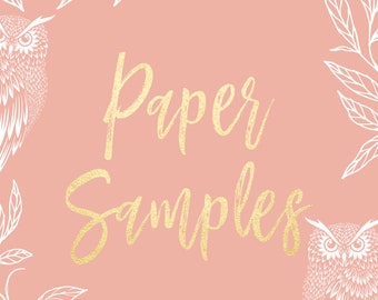 Puede incluir: Un fondo rosa con búhos blancos y hojas en los bordes. El texto "Paper Samples" está escrito en purpurina dorada.