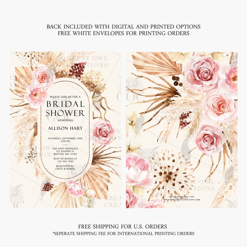 May include: A printable bridal shower invitation with a watercolor design featuring dried pampas grass, blush pink roses, and a gold oval frame. The text reads "Please join us for a Bridal Shower honoring Allison Hart".