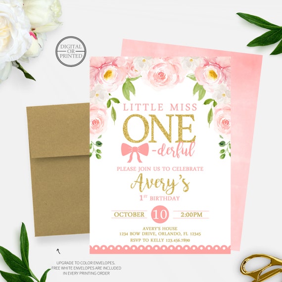 Little Miss Onederful Birthday Invitation | Floral First Birthday Invitation | Pink and Gold Birthday Invitation | Printed or Digital Il_570xn