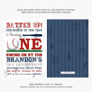 May include: Baseball-themed first birthday party invitation with a red and white baseball, a red number one, a green grass background, and the text "Batter Up! Our Rookie of the Year is turning One. Swing on by for Brandon's First Birthday Party!"