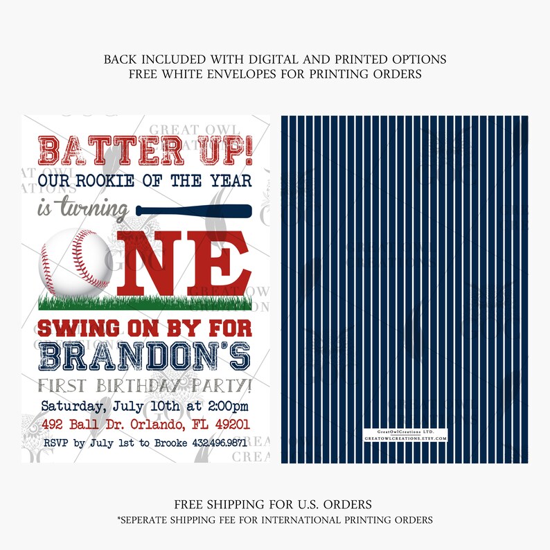May include: Baseball-themed first birthday party invitation with a red and white baseball, a red number one, a green grass background, and the text "Batter Up! Our Rookie of the Year is turning One. Swing on by for Brandon's First Birthday Party!"