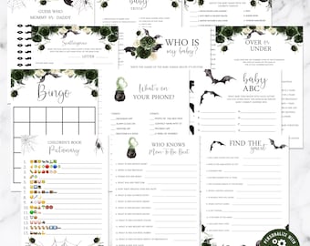 Green Halloween Baby Shower Games Package, Self Edit Instant Download Printable, BA-81722